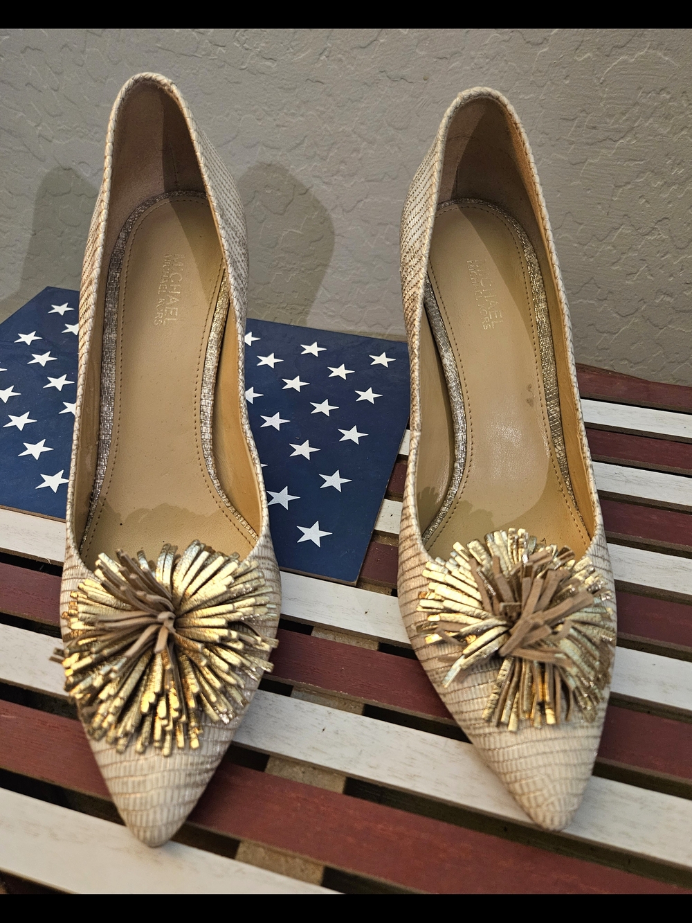 MICHAEL Michael Kors Beige Pointed-Toe Pumps with Gold Pom Detail (Lolita)